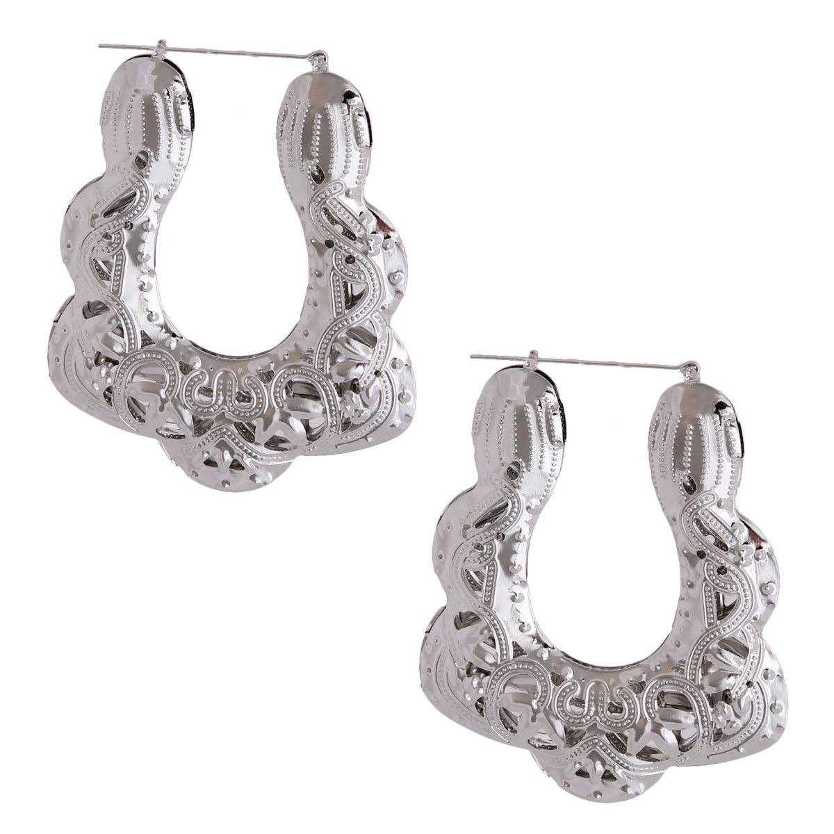 Trapezoid Silver Filigree Hoops: 3.25 inches / Silver / Rhodium