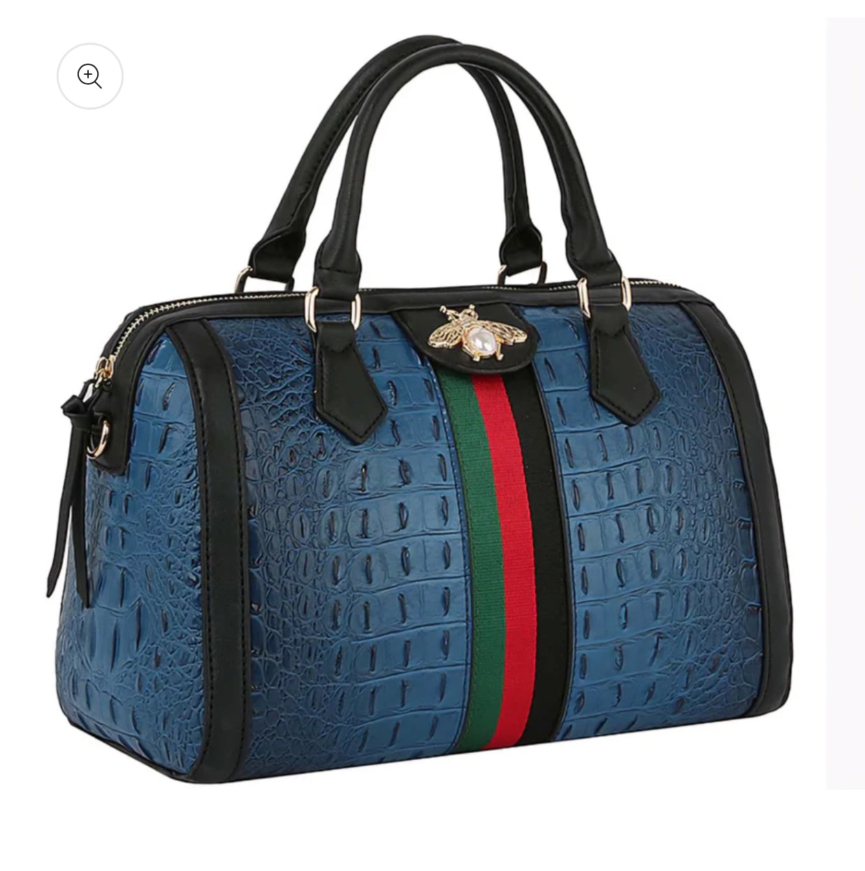 Blue textured handbag with a bee emblem and red, green, and black stripe on a white background