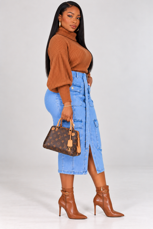High-Waist Denim Cargo Midi Skirt | Button Front Fitted Pocket Skirt for Women