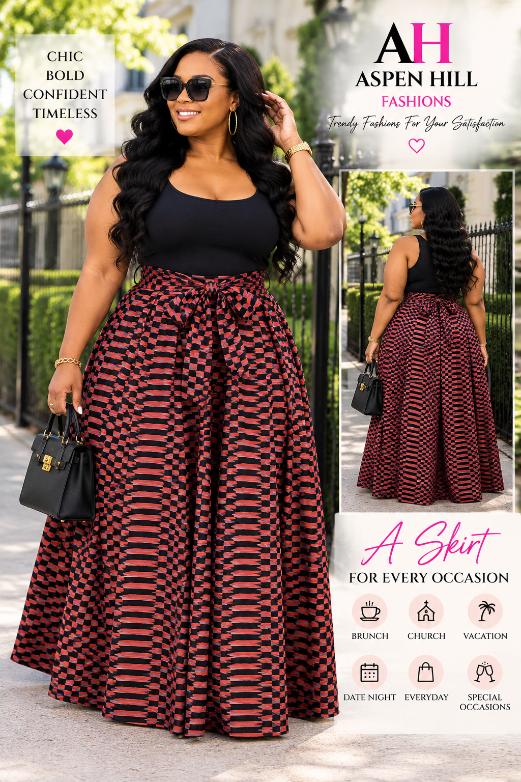 Bold Print High-Waist Maxi Skirt with Pockets | Tie-Waist Statement Skirt for Women Plus Size