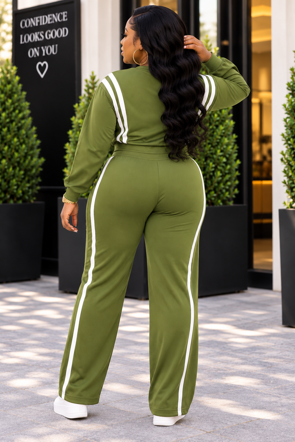 Olive Striped Two-Piece Activewear Set | Pullover Sweatshirt & Wide Leg Pants