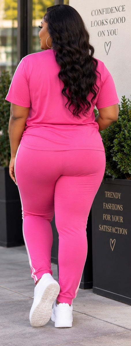 Pink Two-Piece Track Set with White Stripes | Women’s Curvy Matching Jogger Set
