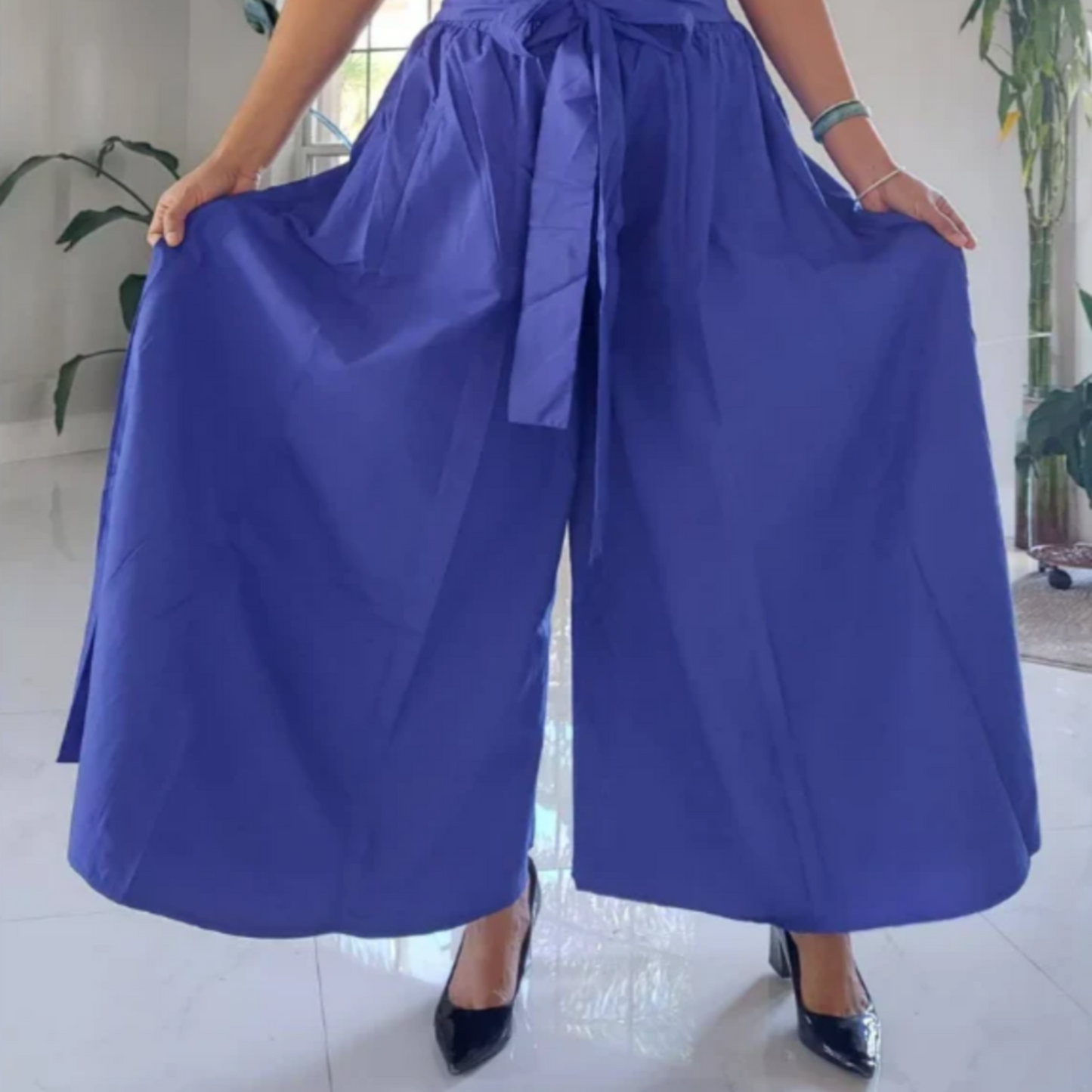 Women’s Solid Palazzo Pants with Pockets – Wide Leg, Free Size