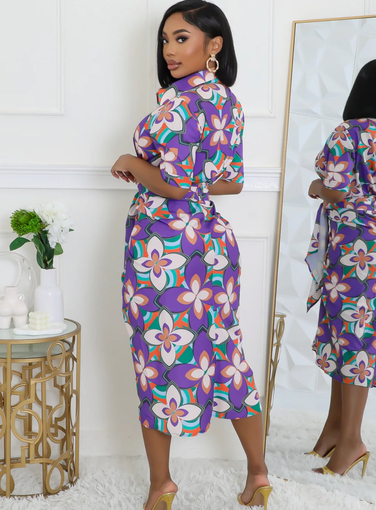 Satin Elegance V-Neck Dress with Tie Waist