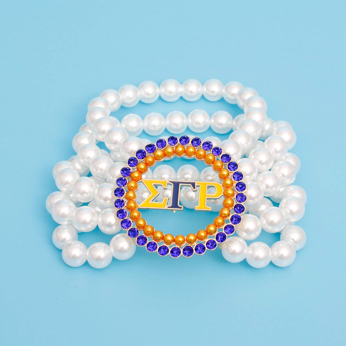 Sigma Gamma Rho Pearl Bracelet | Blue & Gold Stretch Bangle
