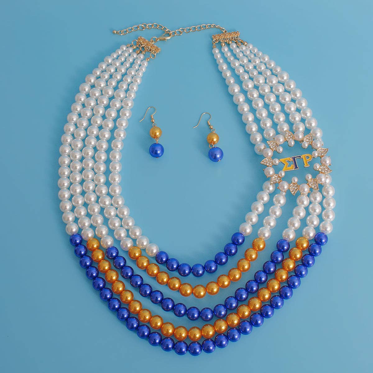 Sigma-Inspired Multi-Strand Design-Blue, Gold & Pearl Statement Necklace Set