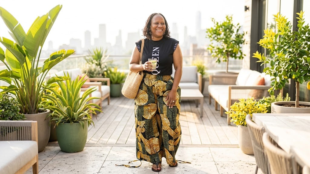 Black graphic top and patterned wide-leg pants on a curvy woman outdoors