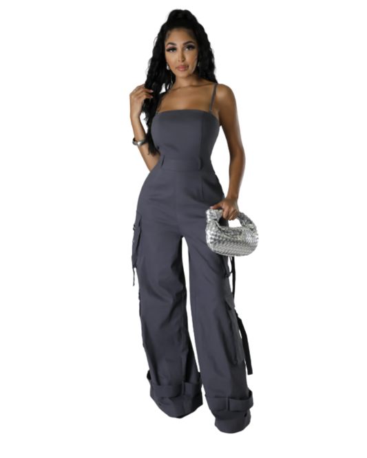 Roxanne-Roxanne Utility Wide-Leg Jumpsuit with Pockets – Non-Stretch Cotton Cargo Style