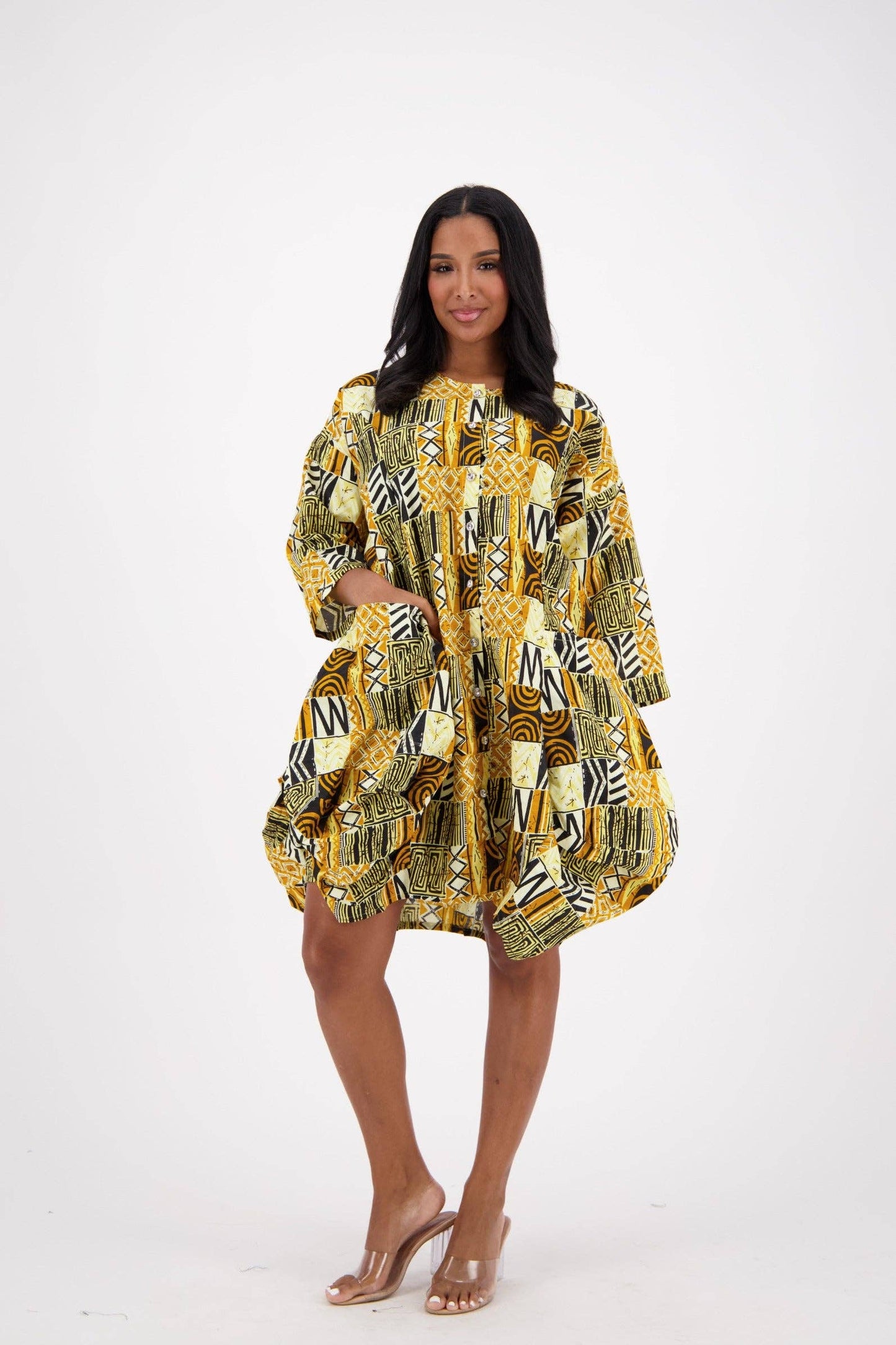 Golden Mosaic Bubble Hem Mini Dress for Women | Statement Print Long Sleeve Fashion Dress with Pockets