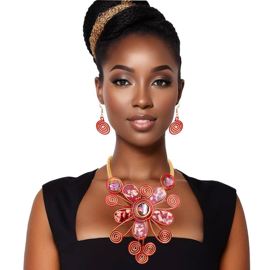 Red Wire Flower Petal Necklace Set