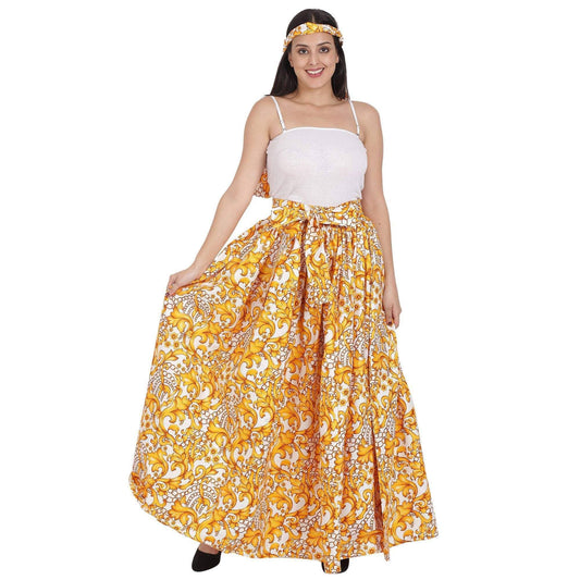 Gold Floral Print Ankara Maxi Skirt for Women – Elastic Waist Long African Wax Cotton Skirt with Matching Scarf