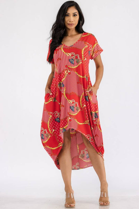 Tassel Print Hi-Low Midi Dress: RED