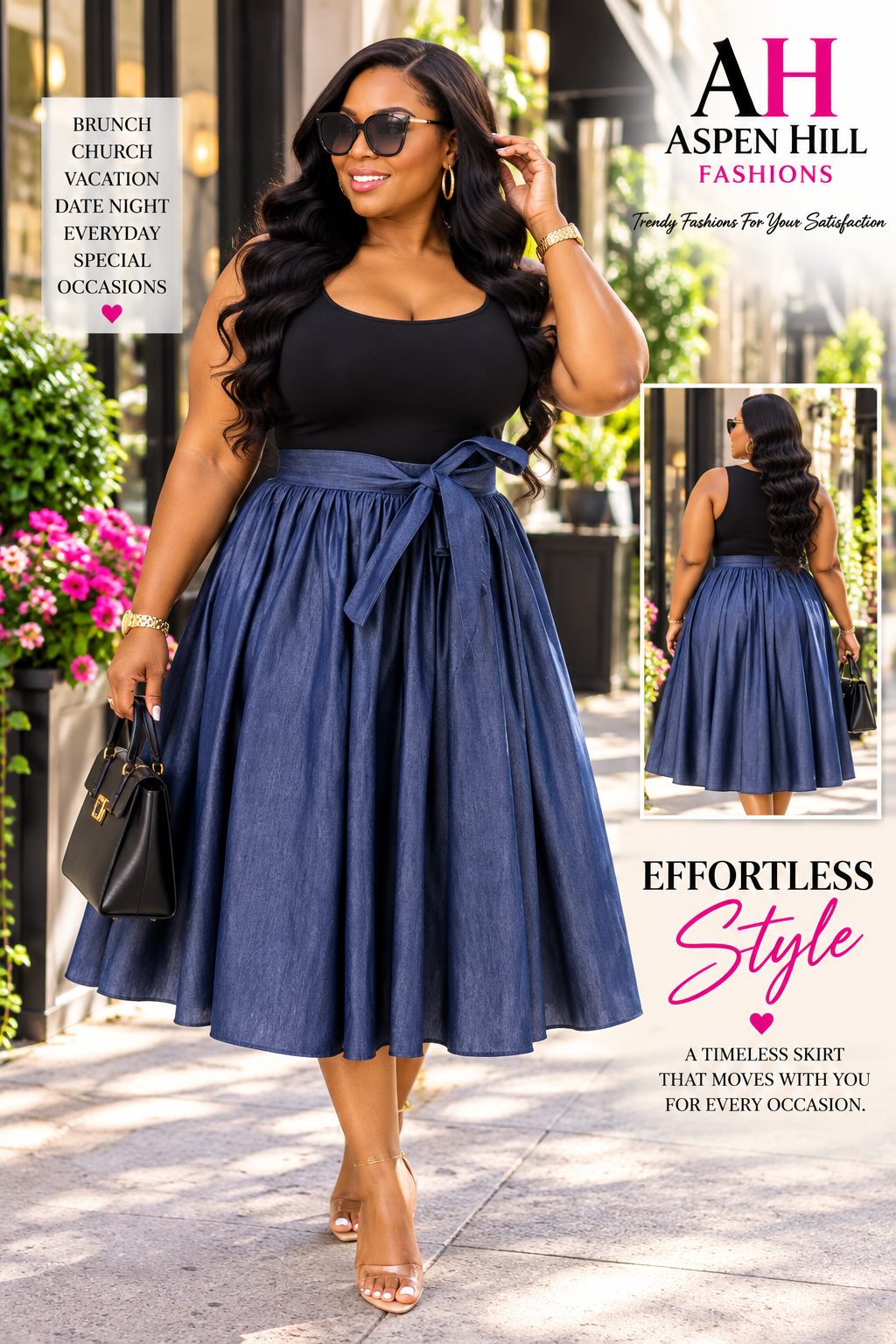 Denim Blue Bow Waist Midi Skirt