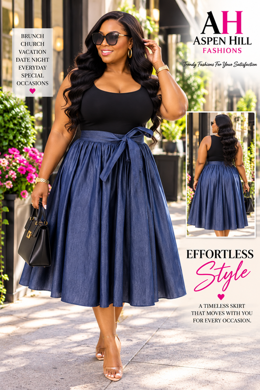Denim Blue Bow Waist Midi Skirt