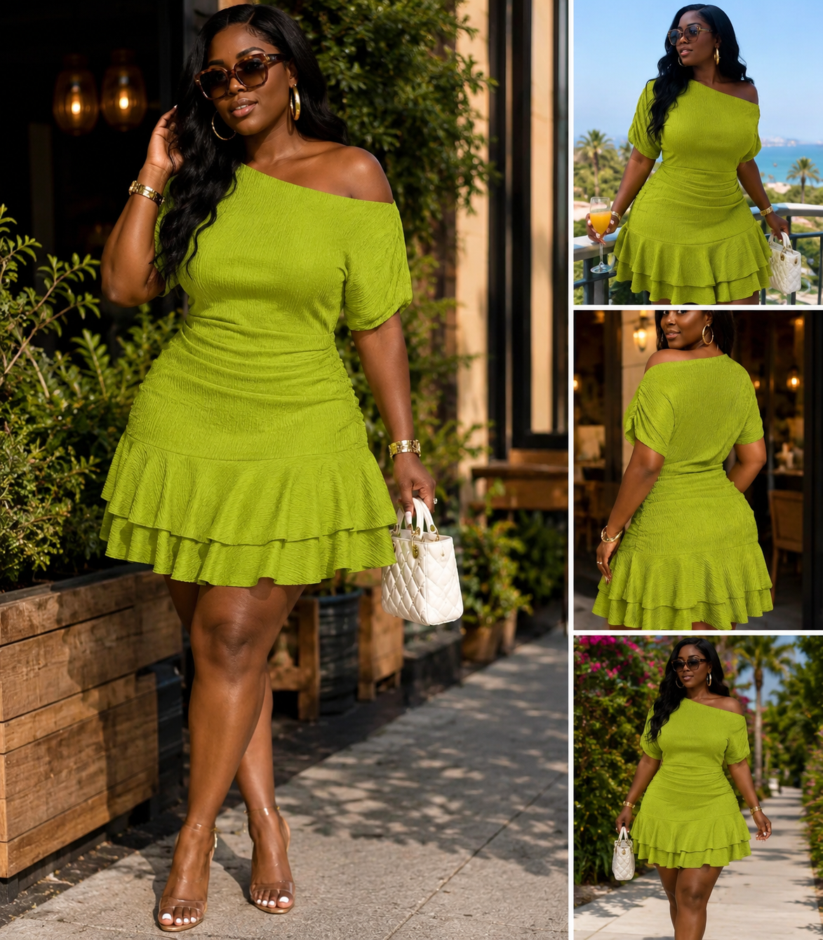 A woman modeling a bright lime green off-the-shoulder mini dress with short puff sleeves and a ruffled hemline, shown in a large outdoor photo and three smaller inset views from different angles.