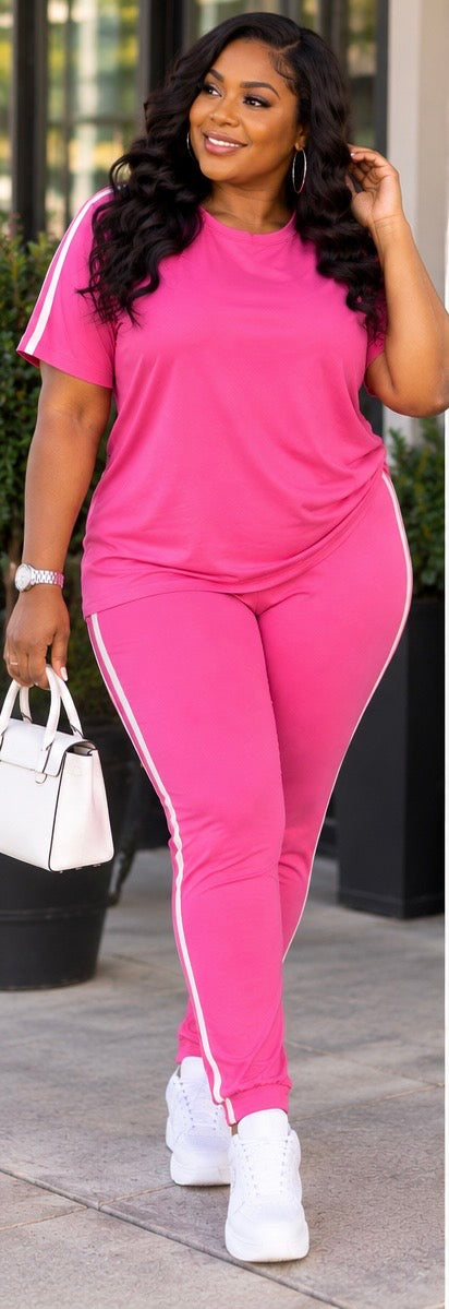 Pink Two-Piece Track Set with White Stripes | Women’s Curvy Matching Jogger Set