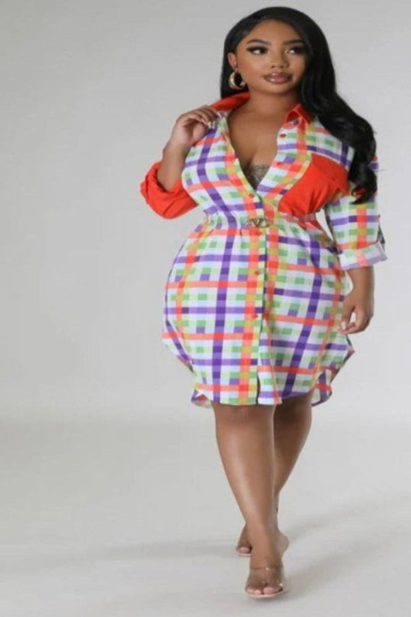 A model wearing a long-sleeve, button-up, multicolor dress with a collar neck.