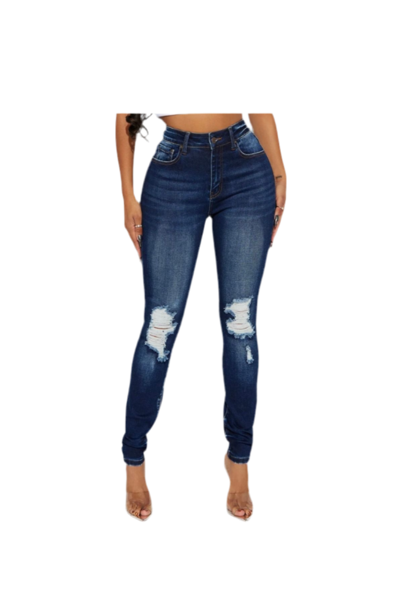 Blue jeans with distressed details on a white background
