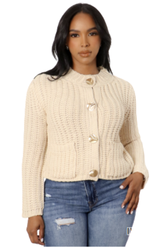 Cable Knit Long Sleeve Cardigan with Gold Buttons – Women’s Classic Knit Sweater