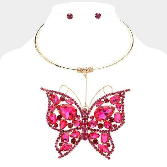 Fuchsia and gold butterfly necklace set