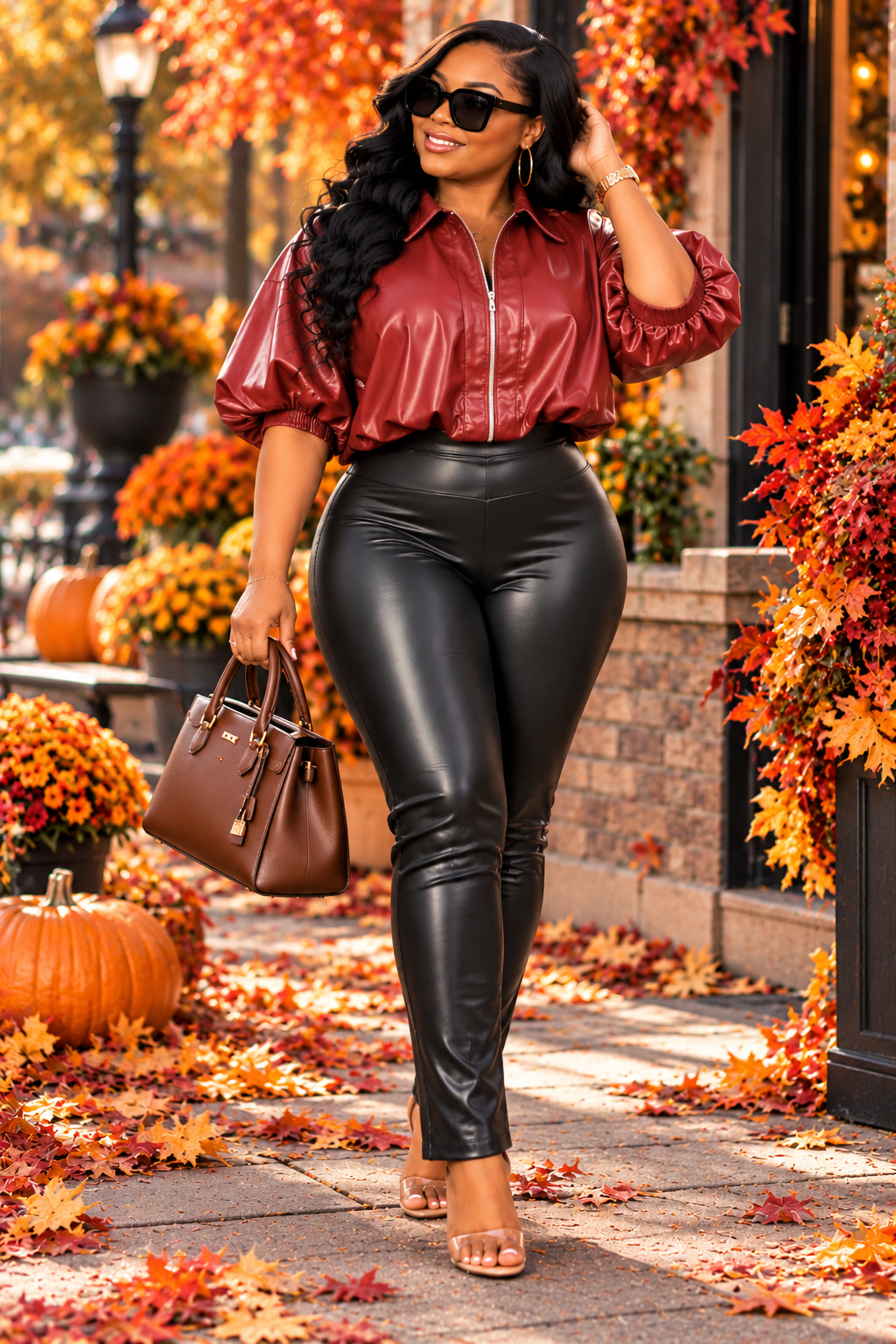 Faux Leather Zip-Up Bubble Sleeve Top | Oversized Statement Blouse for Women