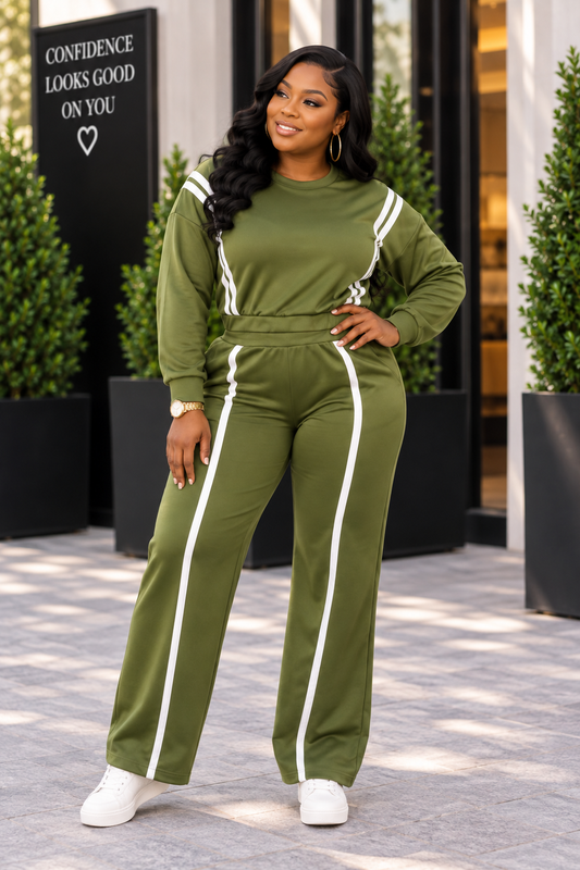 Olive Striped Two-Piece Activewear Set | Pullover Sweatshirt & Wide Leg Pants