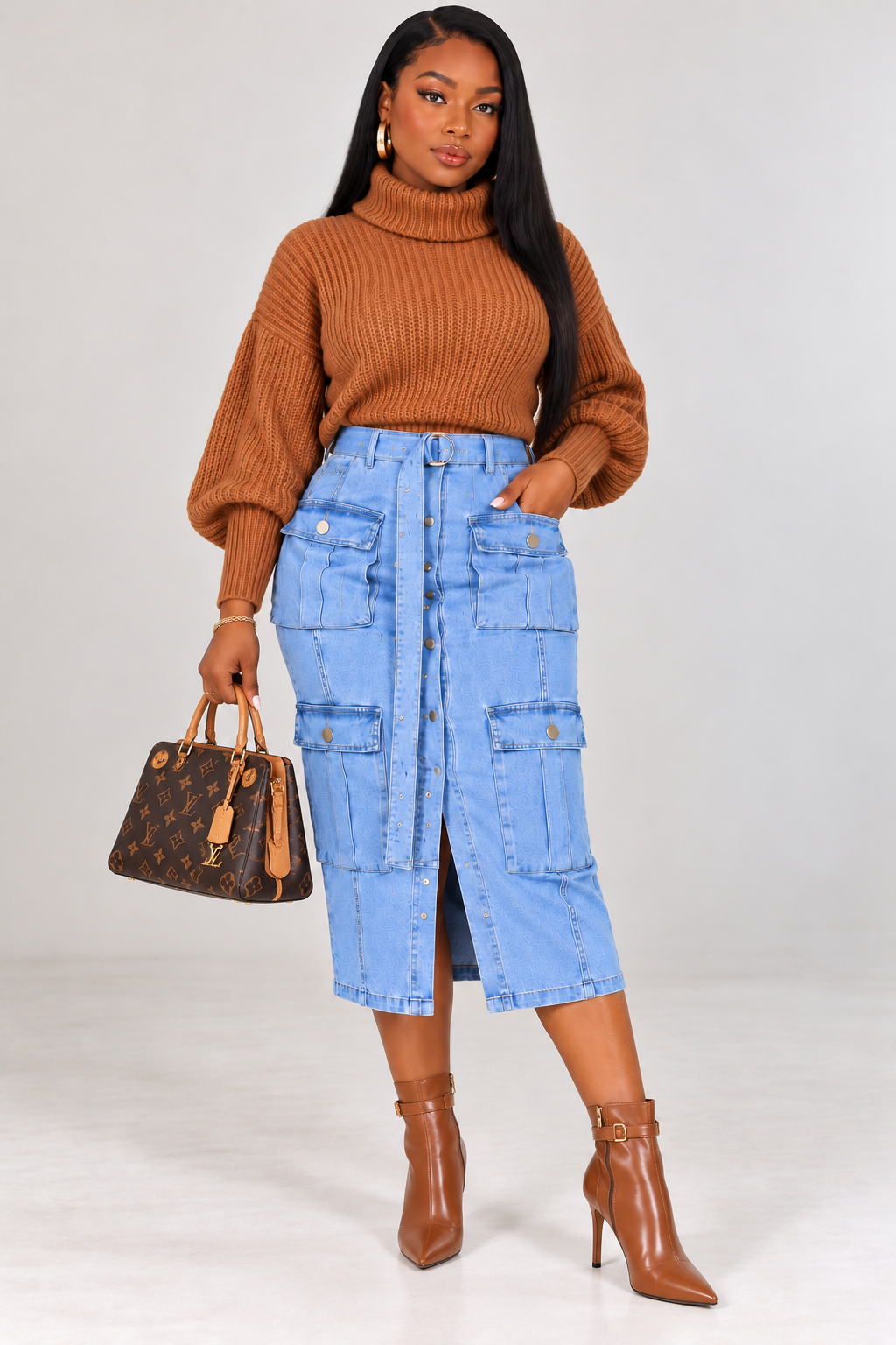 High-Waist Denim Cargo Midi Skirt | Button Front Fitted Pocket Skirt for Women