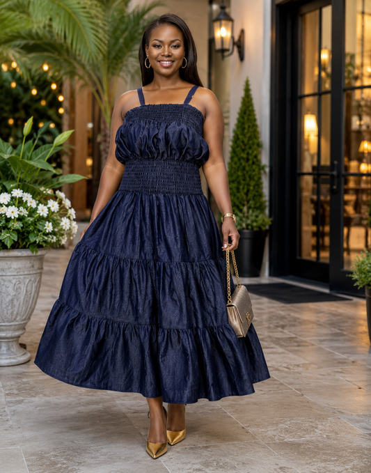 Navy Blue Denim Dress – Smocked Shoulder Strap Women’s Fashion
