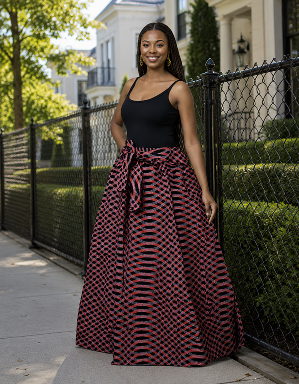Bold Print High-Waist Maxi Skirt with Pockets | Tie-Waist Statement Skirt for Women Plus Size