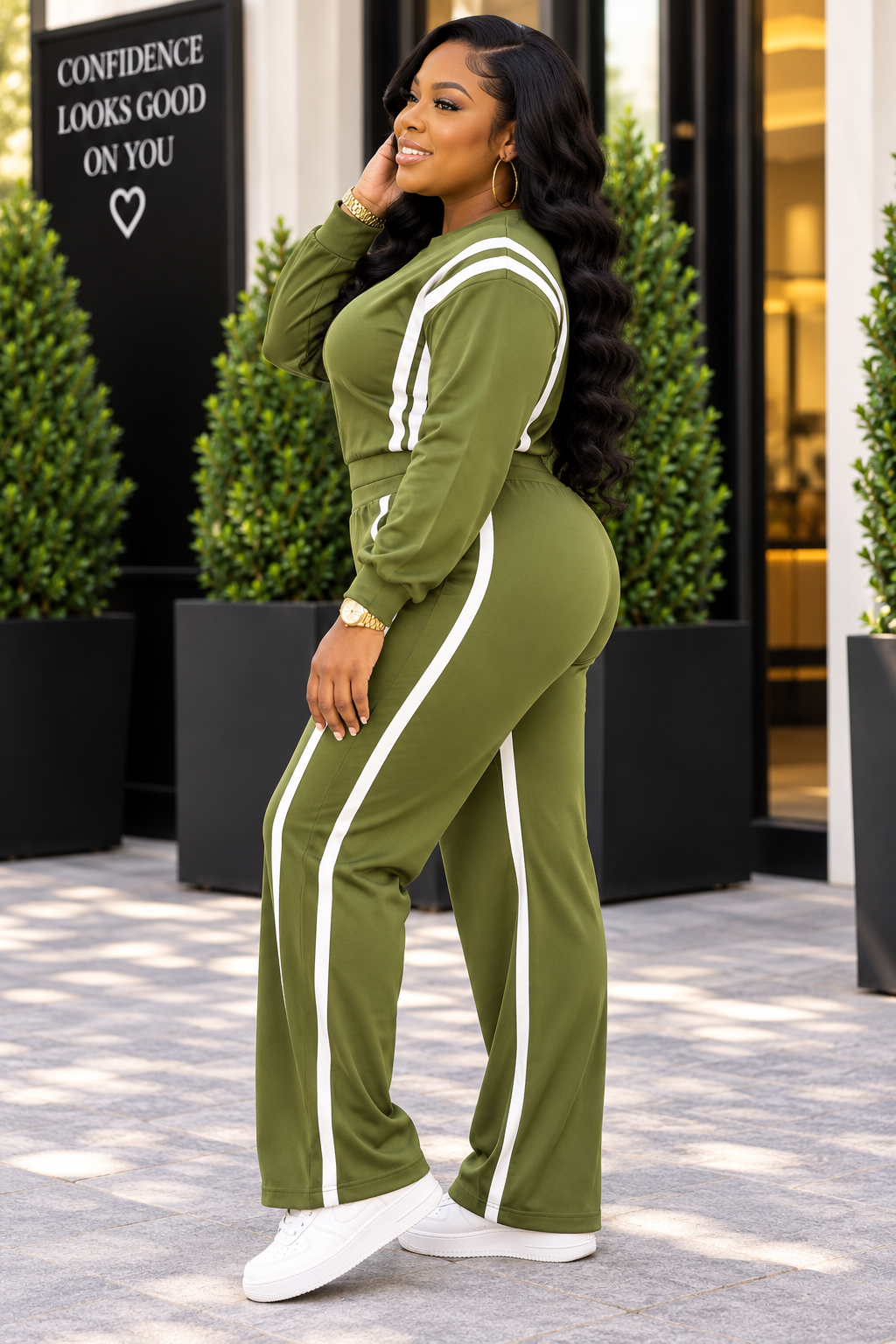 Olive Striped Two-Piece Activewear Set | Pullover Sweatshirt & Wide Leg Pants