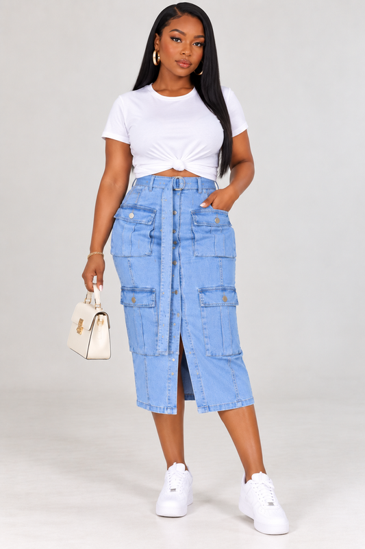 High-Waist Denim Cargo Midi Skirt | Button Front Fitted Pocket Skirt for Women