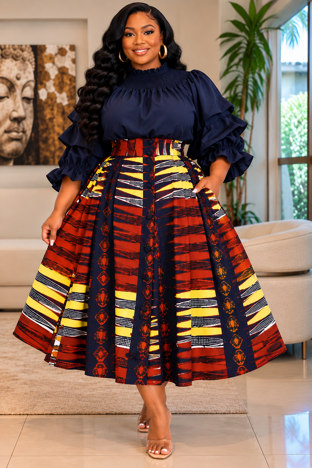 Authentic African Wax Button-Down Skirt – 28” Length