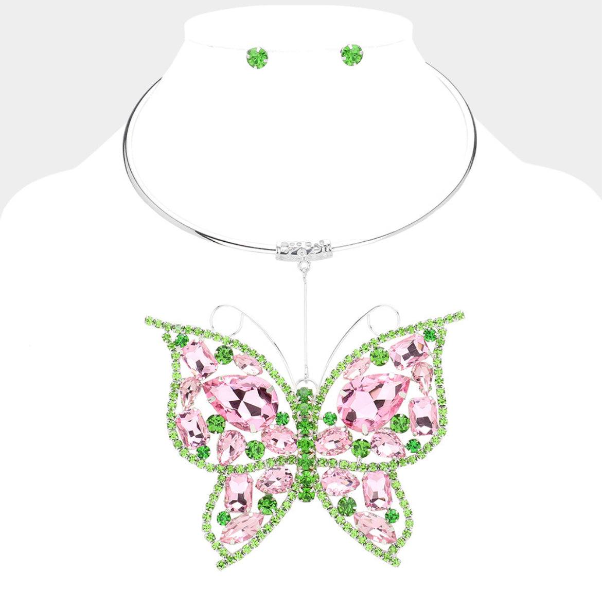 Pink and green butterfly necklace set