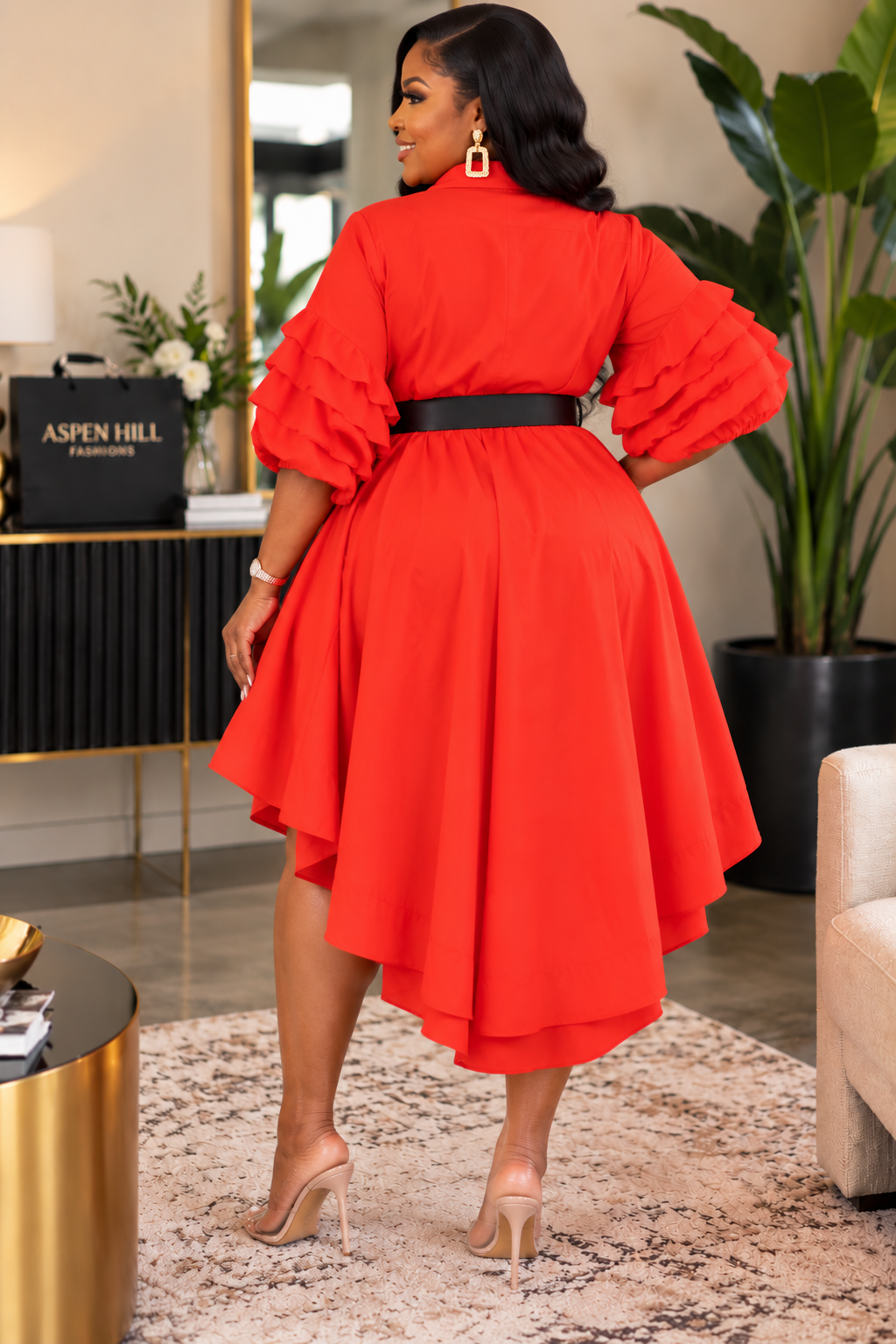 Faux Silk Hi-Low Swing Dress with Ruffled Sleeves