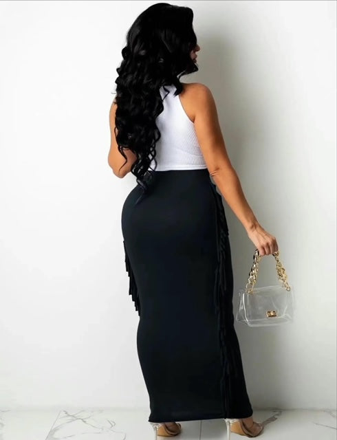 Fringe Trim High Waist Pencil Skirt