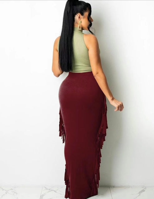 Fringe Trim High Waist Pencil Skirt