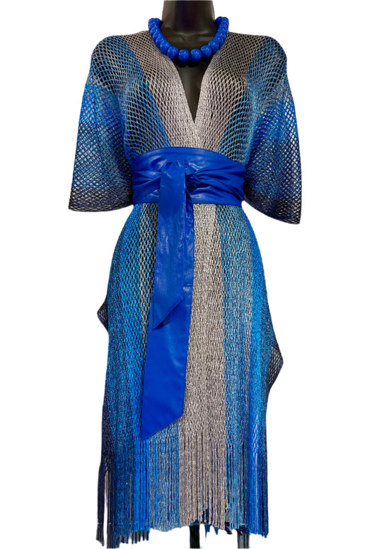 ✨ Two-Toned Lurex Kimono Poncho – Turquoise Fringe ✨