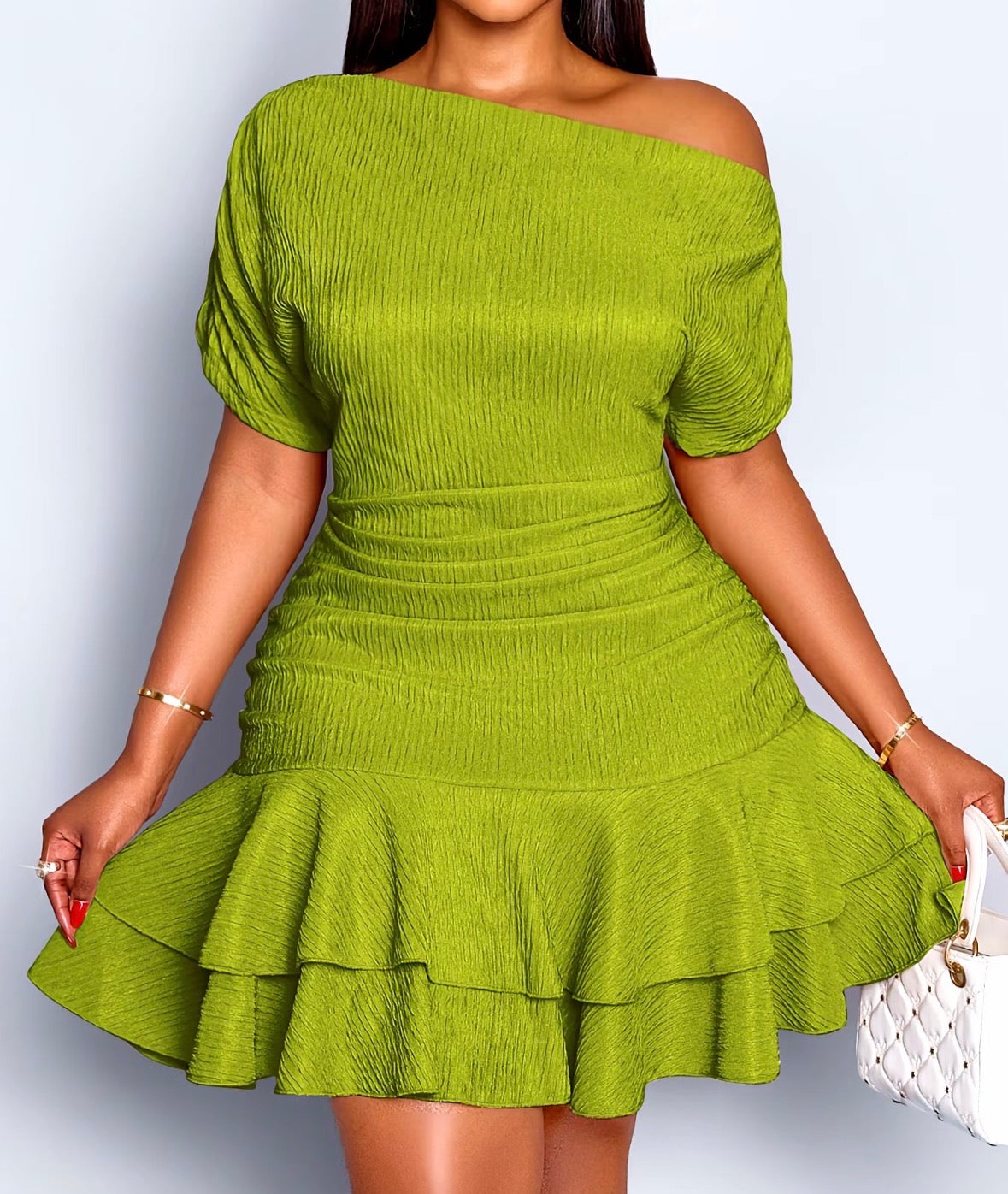 Lime Luxe One-Shoulder Ruffle Dress