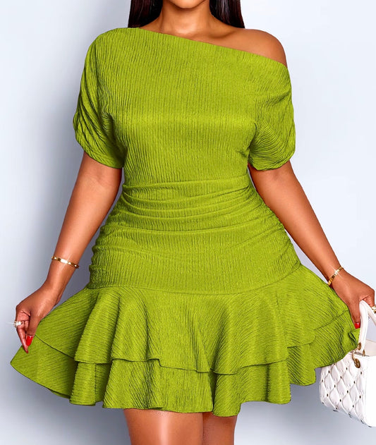 Lime Luxe One-Shoulder Ruffle Dress