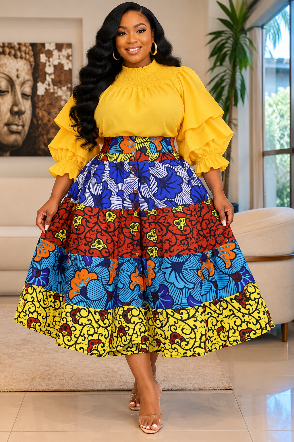 Authentic African Wax Print Button-Down Skirt – 28” Midi Length, 100% Cotton