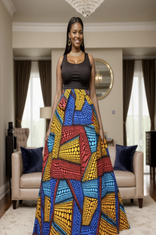 Woman wearing a colorful patterned skirt in a living room setting