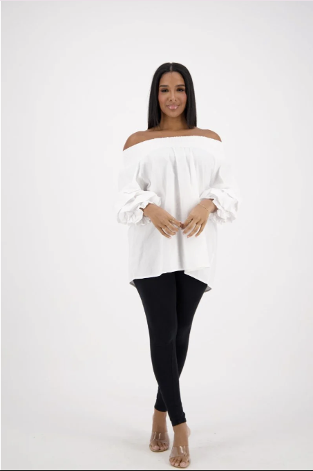 Flirty & Free Off-Shoulder Ruffle Blouse – One Size (S–2XL), 100% Cotton