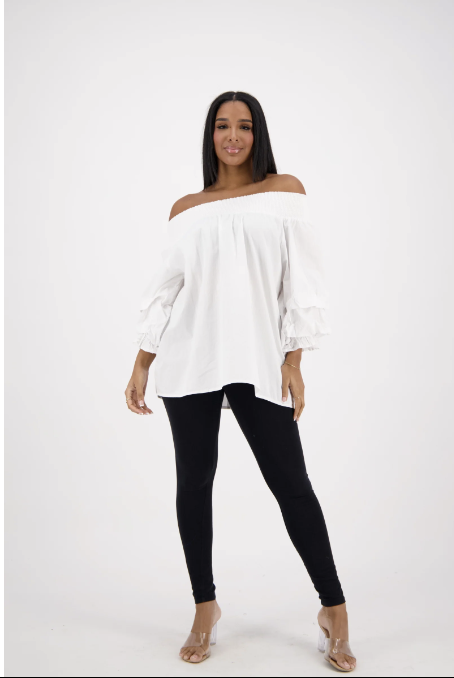 Flirty & Free Off-Shoulder Ruffle Blouse – One Size (S–2XL), 100% Cotton