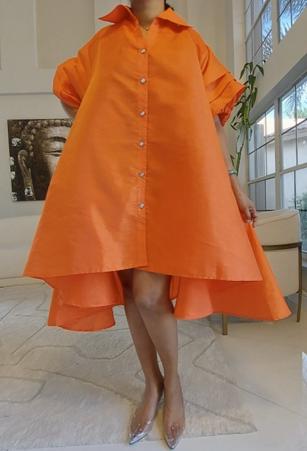 Faux Silk Hi-Low Swing Dress with Ruffled Sleeves