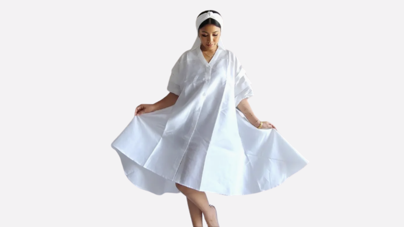 Faux Silk Hi-Low Swing Dress with Ruffled Sleeves