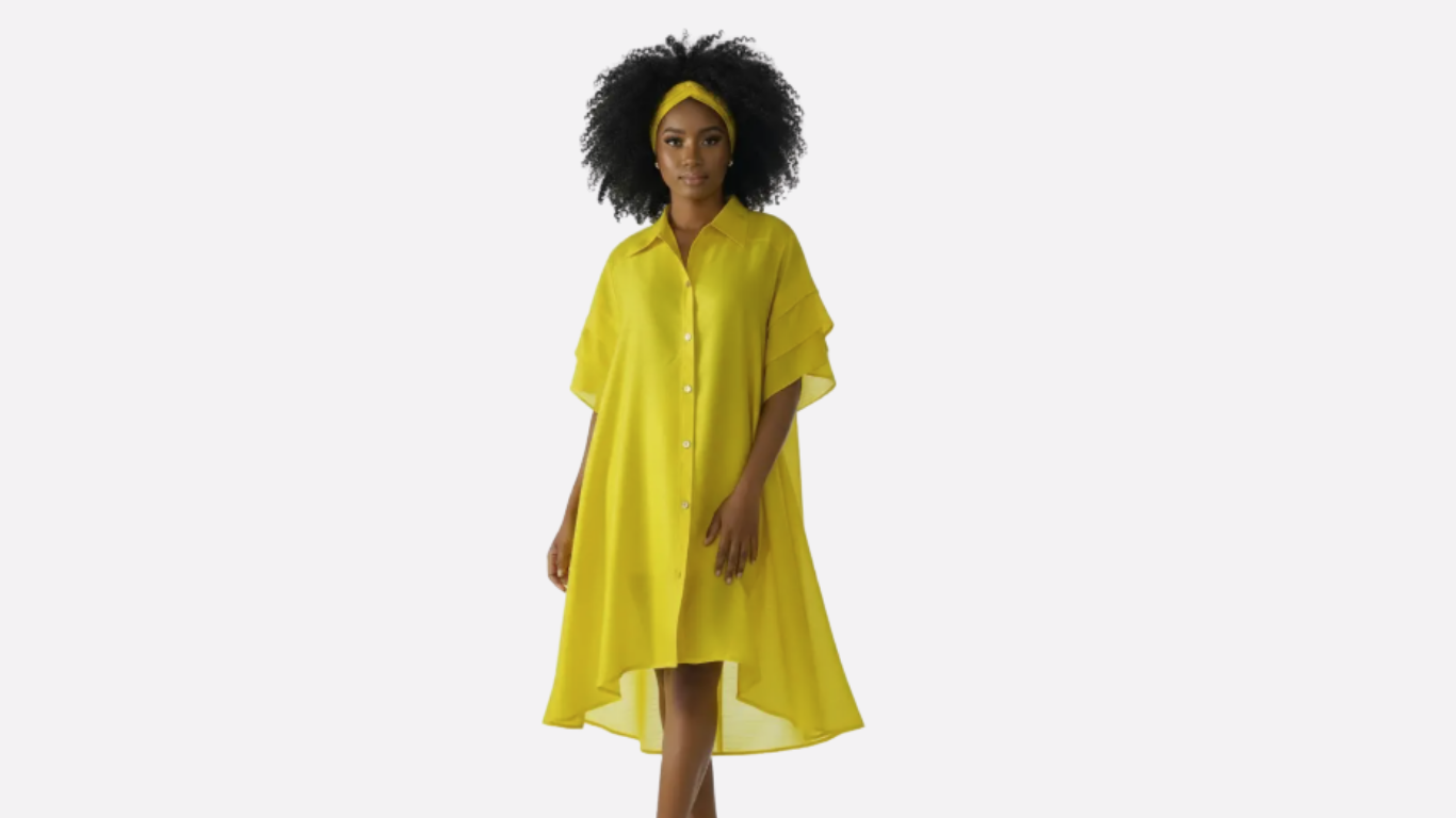Faux Silk Hi-Low Swing Dress with Ruffled Sleeves