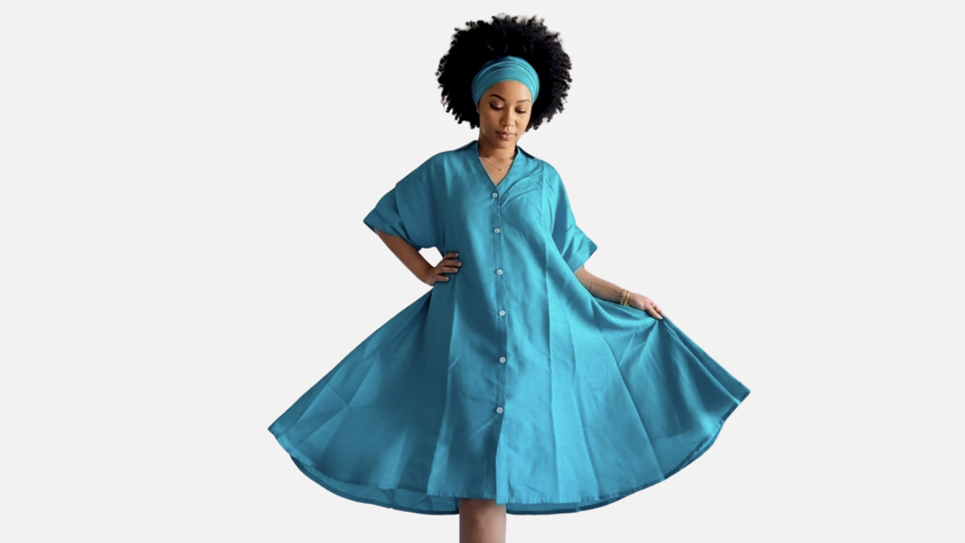 Faux Silk Hi-Low Swing Dress with Ruffled Sleeves