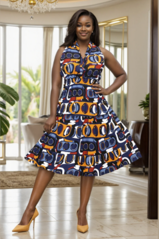 Woman wearing a colorful patterned dress in a well-lit room.
