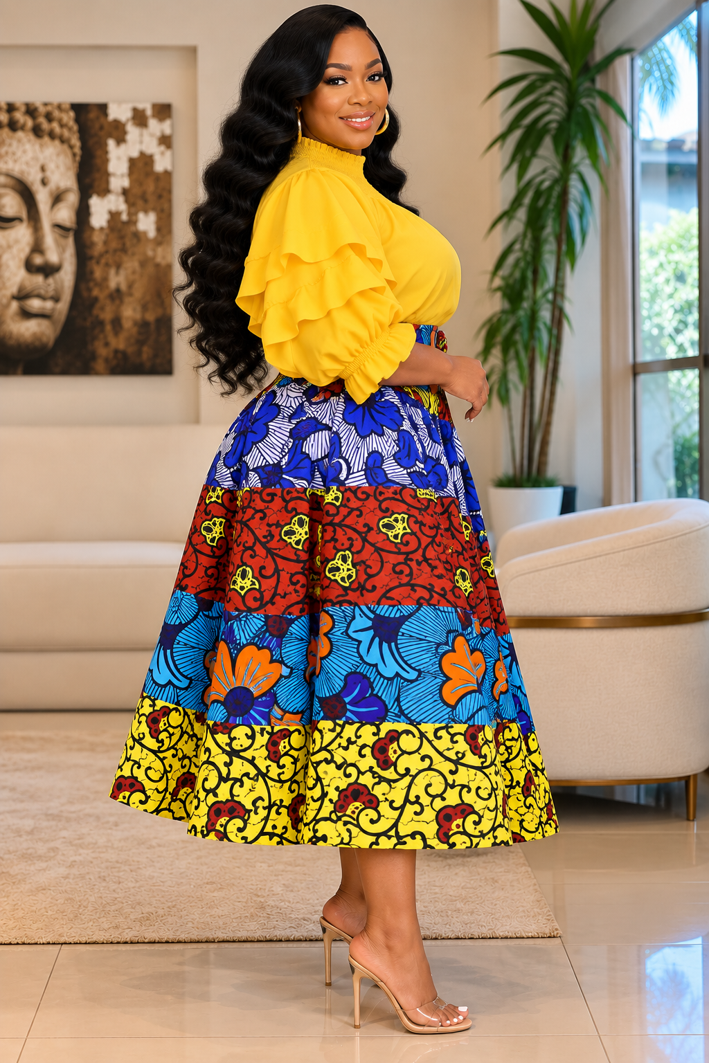 Authentic African Wax Print Button-Down Skirt – 28” Midi Length, 100% Cotton