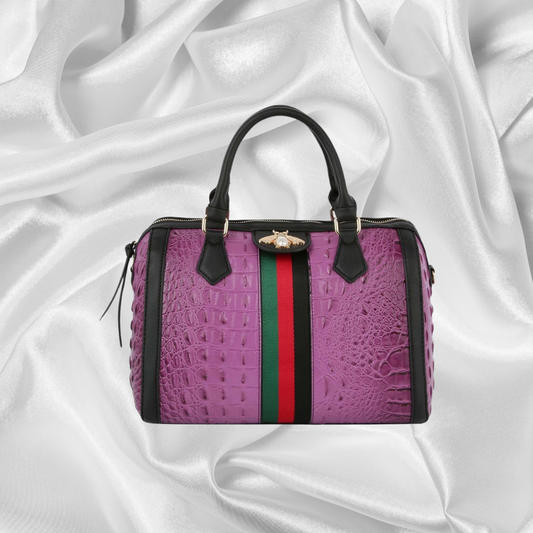 Fashion Croco Satchel with bee and Stripe: Purple